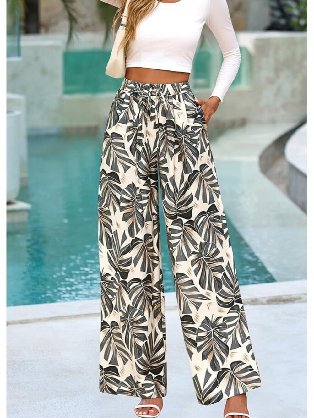 Wide Leg Tropical Print Palazzo Pants - Cream/Black